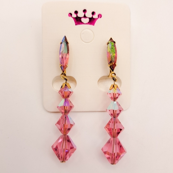 Vintage Lewis Segal Pink Swarovski Crystal Dangle Clip-On Earrings - Picture 7 of 7